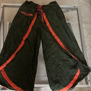 Army Green Wide Leg Pants w/ Orange Accents